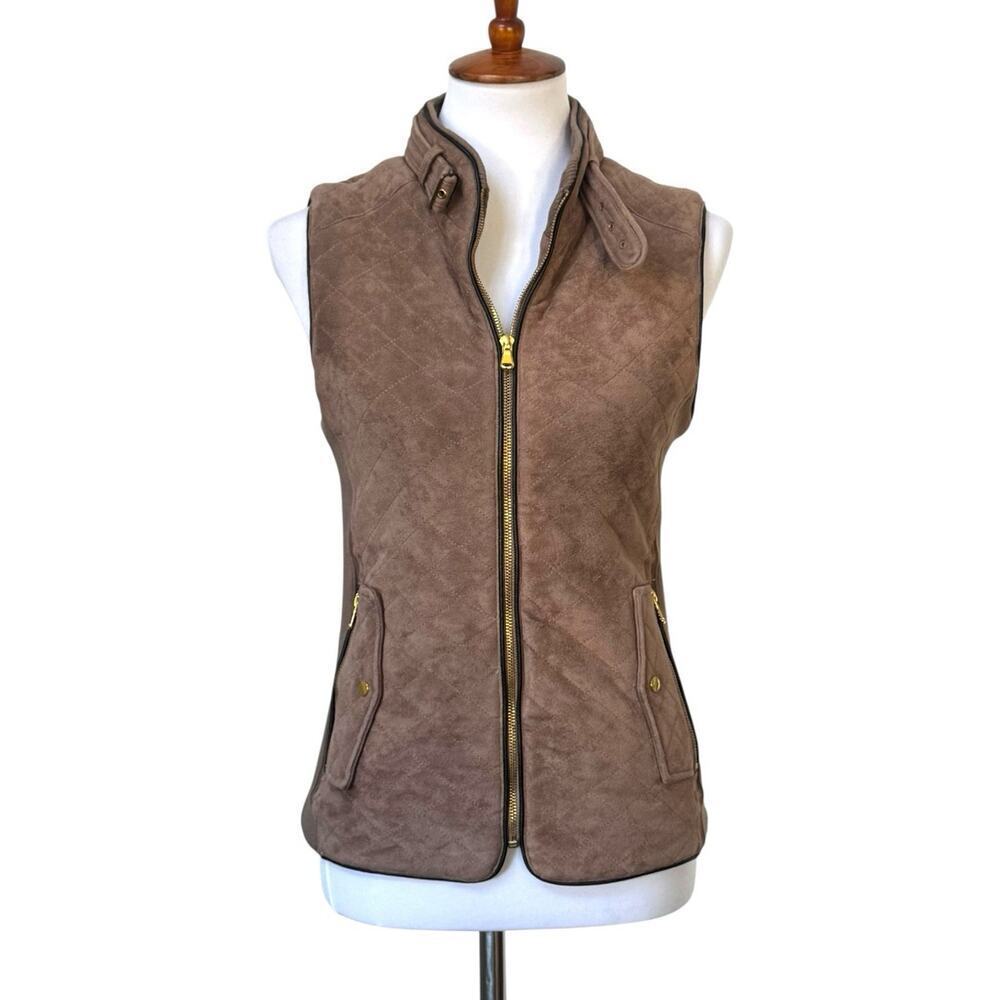FATE Women's Rowan Faux Suede Quilted Vest Jacket Full Zip Light Brown Small